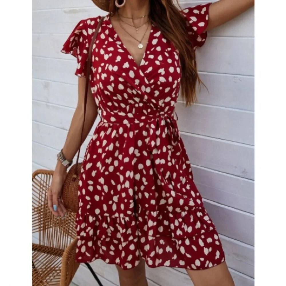 Boho burgundy white dalmatian dot belted ruffle hem dress